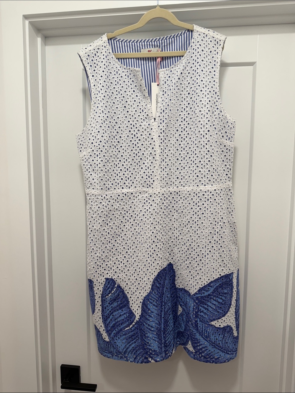 Vineyard Vines White Eyelet Midi Dress with Blue Leaf Border